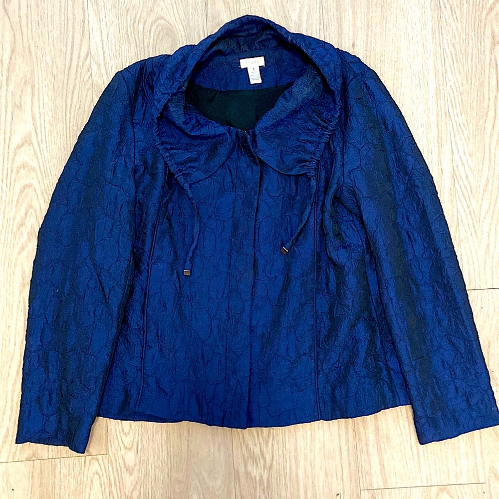 Chico’s Textured Royal Satin Blue Zip Up Cowl Neck Jacket